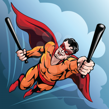 Funny illustration of smiling superhero who flies in the sky with two baseball bats drawn in comics style