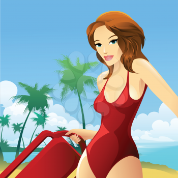 Illustration of young girl in lifeguard uniform with rescue can in a hand against tropical seascape