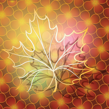 Abstract illustration of maple leaf made of gold against floral background  as metaphore of autumn