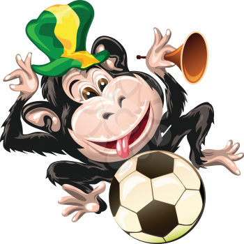 Illustration of joyful football fan monkey in a fan hat with soccer ball and pipe
