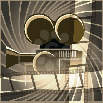 Illustration of movie camera and film strip against abstract swirls drawn in vintage poster style with using sepia colors