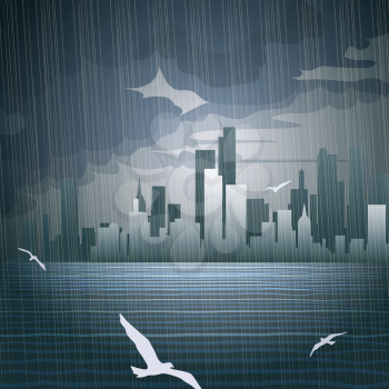 Illustration of flying sea birds above a river during heavy rain against city contours and dark cloudy sky