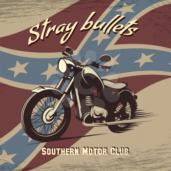 Vector illustration of vintage motorcycle against confederation flag drawn in retro poster style
