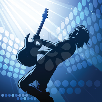 Illustration of rock guitar player who plays on a music stage 