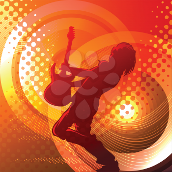 Illustration with rock guitar player in action against loud speakers drawn with using halftone patterns in placard style