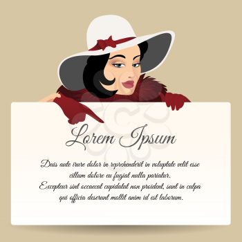 Beautiful brunette woman pointing finger on banner with sample text. Retro illustration.
