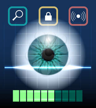 Eye retina scan emblem. Virtual verification identity concept, scanning biometry, modern contemporary technology  illustration