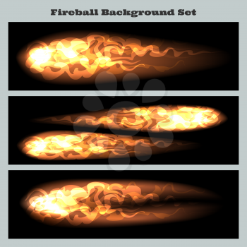 Set of fireballs or flying flame tips on black background.