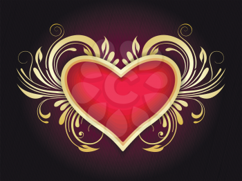 Golden heart and floral swirls. Valentine's day or Wedding decor element. Vector illustration.