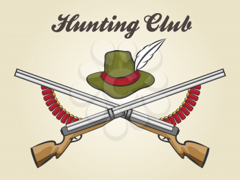 Hunting club emblem with hunting rifles catridges and hunter hat. Vector illustratio in vintage style. 