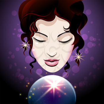 Pretty Girl looks into a crystal ball. Magic of Fortune telling concept. Vector illustration.