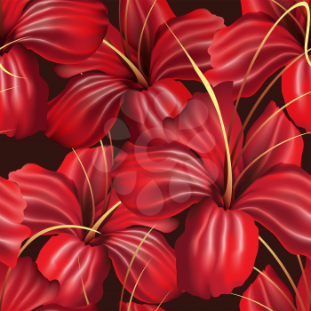 Red Orchid Flowers Seamless Pattern on Black. Vector illustration.