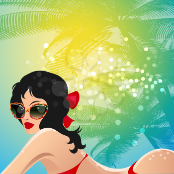 Sunbathing girl in glasses under palm tree. Vector illustration.