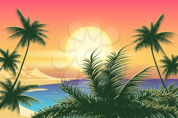 Tropical seascape with palm trees on island coastline at sunset. Vector illustration.