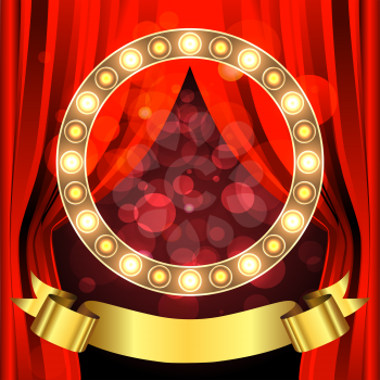 Stage with red curtain, golden ribbon and bulb lamps. Vector illustration.