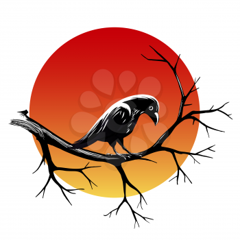 Black raven sitting on a branch of leafless tree against sun isolated on black. Vector illustration