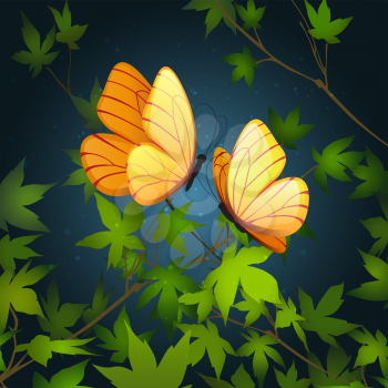 Two butterflies flying in summer night forest. Vector illustration.