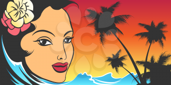 Summer Vacation Retro Poster with Woman face and tropic seacoast. Vector illustration.