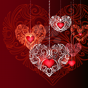 Ornate Jewelry Hearts on red background. Vector Illustration.