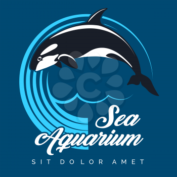 Sea Aquarium logo  or Emblem. Jumping Orca against circle of waves. Vector illustration.