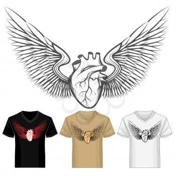 Heart with Wings shirt print template in various color variations. Vector Illustration.