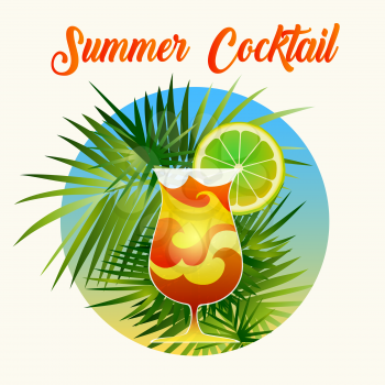 Poster drawn in retro style with exotic summer cocktail and palm tree leaves. Vector illustration.