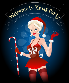 Blonde Santa girl with candy cane in sexy christmas costume. Christmas Party Poster or invitation card design. Vector illustration