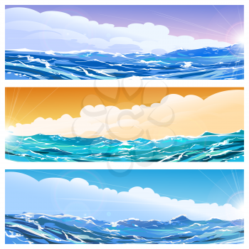 Set of horizontal banners with sea waves and sky. Vector illustration