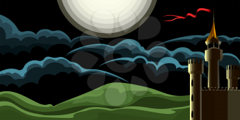 Midnight Landscape With Medieval Castle drawn in Cartoon Style. Vector Illustration.