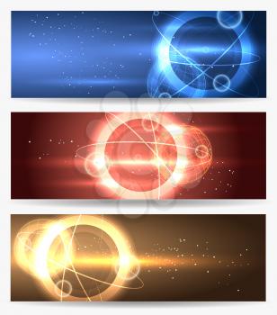 Planets in space banner set. Horizontal banners with glowing planets and spheres. Vector illustration