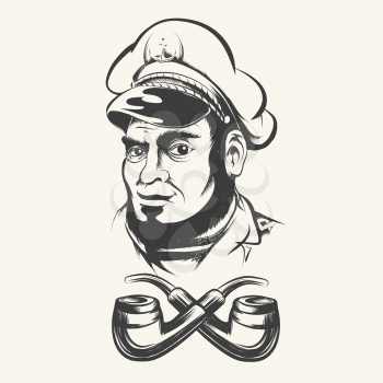 Sea captain, shipmaster, skipper, mariner wearing hat cap and two smoke pipes. Illustration in retro style.