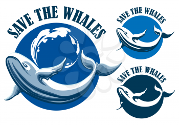 Hand Drawn Blue Whale and wording Save the Whales emblem or label set. Vector illustration.