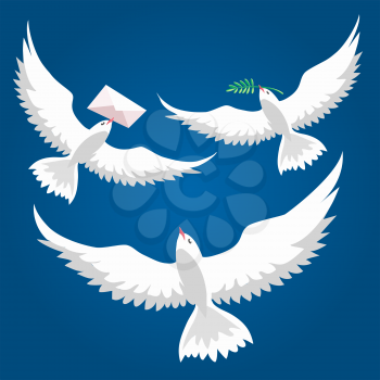 Flying dove set. Dove of Peace flying with olive branch and dove with message in a envelope. White pigeon collection. Vector illustration