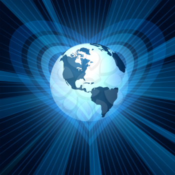 Glowing Earth planet in heart shaped curves on space background. Vector illustration.