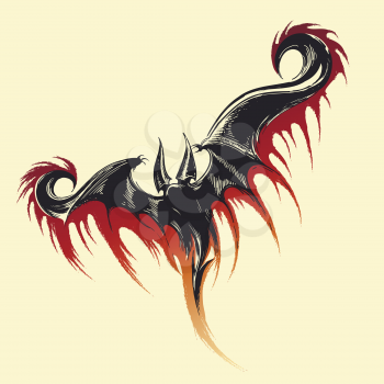 Hand drawn sketch of flying demon with splashes of blood. Vector illustration.