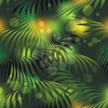 Seamless pattern with tropiocal palm leaves in dark. Vector illustration.