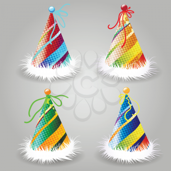 Set of Party hat. Birthday hat with color ribbon and fur. Vector decoration element for surprise costume.