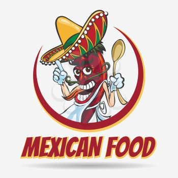 Cartoon mexican red chili pepper with green mustache in sombrero hat. Mexican food logo, labels, emblems and badges. Vector illustration.