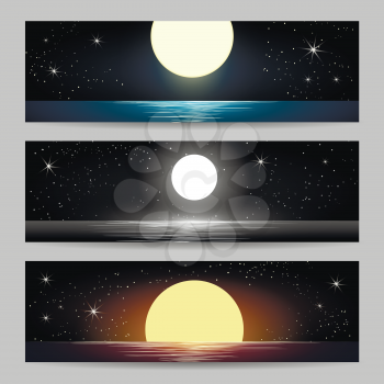 Set of seascapes with full moon at the night sea. Vector illustration