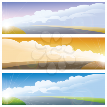 Set of three landscapes with sky and road. Vector Illustration.