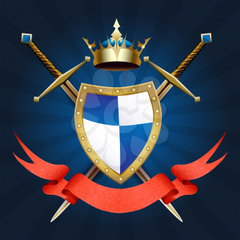 Heraldic Knight coat of arms with crown. swords and ribbon. Vector illustration.