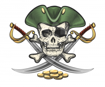Hand Drawn Pirate Skull and bones with sabres. Vector illustration in tattoo style.