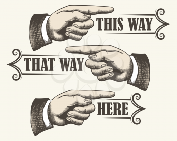 Retro pointing fingers. Navigation signs in vintage style. Vector illustration