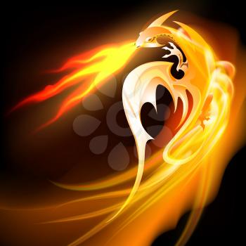 Fantasy fire-breathing dragon flying in the night sky. Vector illustration