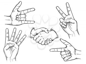 Set of hand drawn finger gestures. Hand signs vector illustration