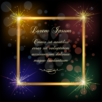 Festive Golden Frame with sparklers and text sample. Vector Illustration.