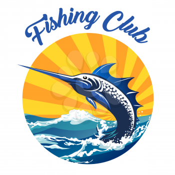Fishing Club Emblem. Sword fish jumping out of water. Vector illustration.