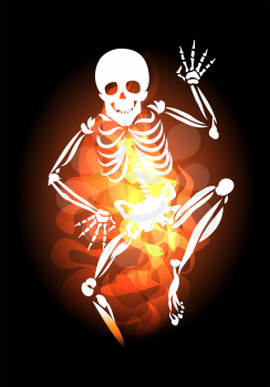 Human Skeleton with waving hand Jumps Out of Hell Fire. Vector illustration