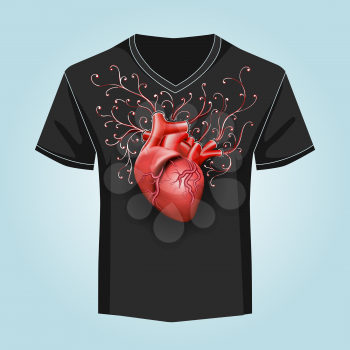 Human Heart and swirl pattern on black background. Shirt print template. Vector illustration.