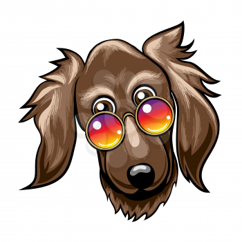 Hand drawn cute funny Dog Muzzle in Rainbow color glasses. Vector Illustration